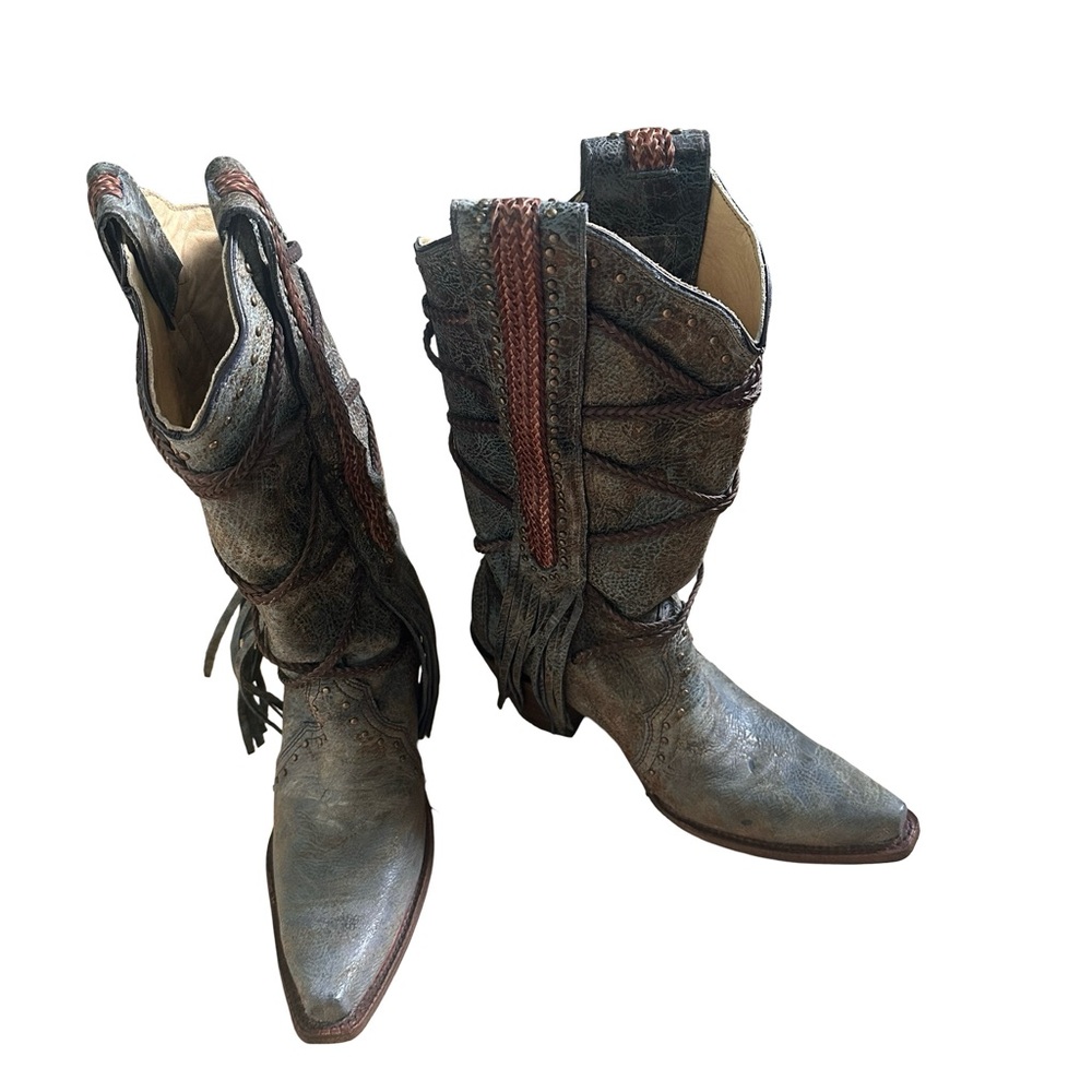 Corral Distressed Gray-Brown Leather Fringe Western Heeled Boots - Picture 12 of 13